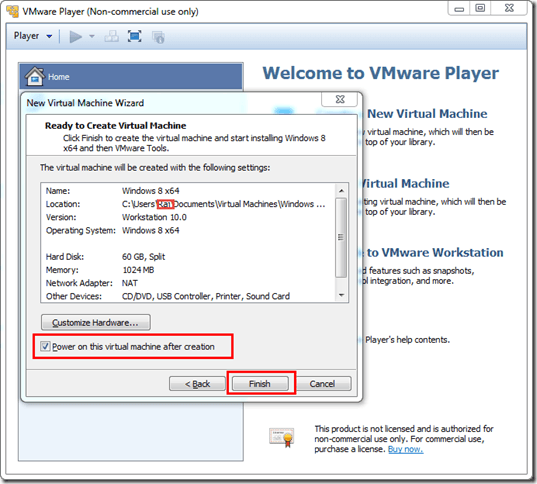 Installing windows 8 in virtual machine using VMware Player